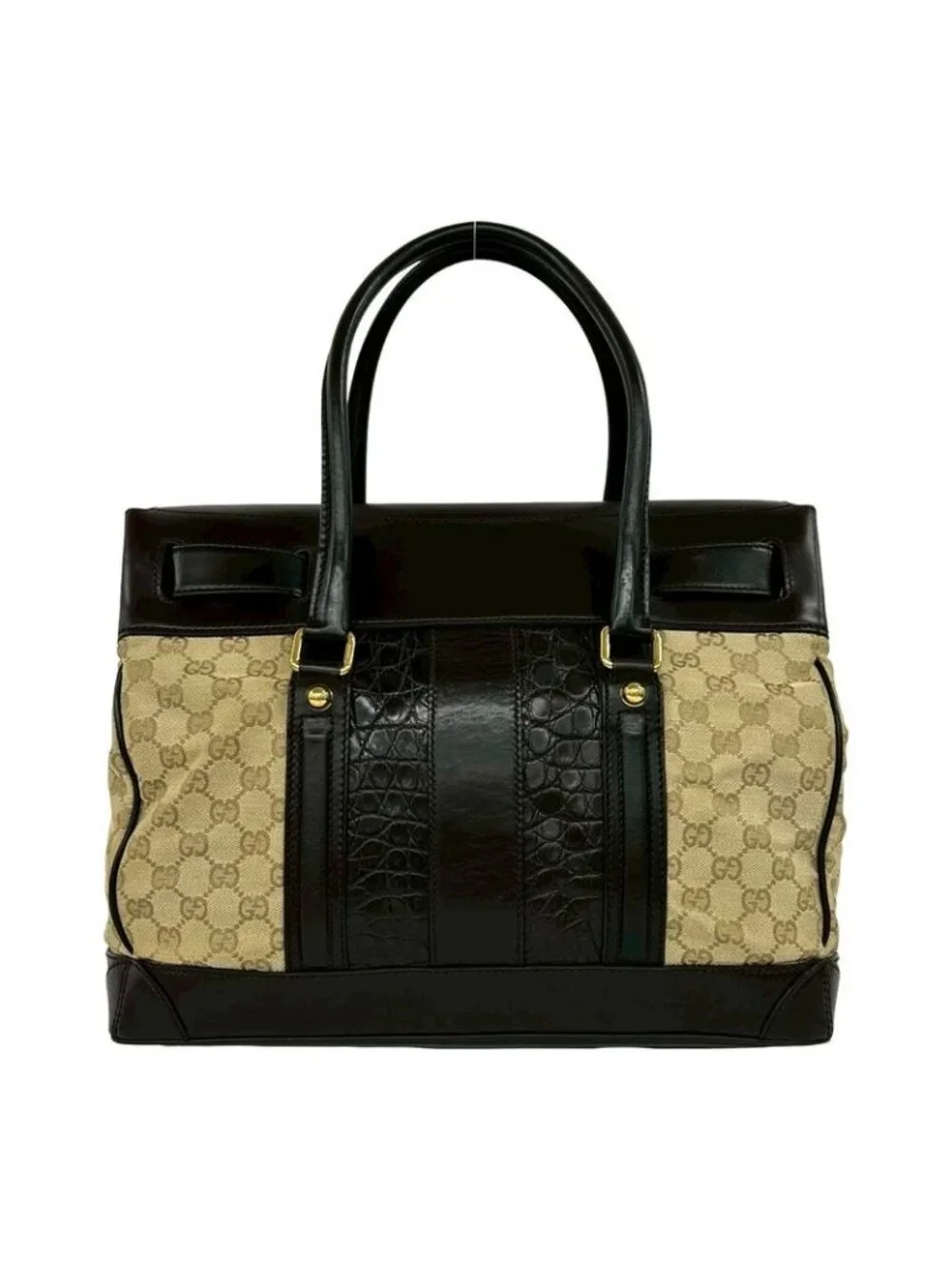 Gucci GG Canvas Croco Embossed Leather Tote Boston Bag Beige Brown - Picture 3 of 10